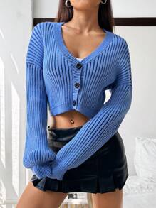 SHEIN EZwear Green Sleeve Button Front Rib Knit Cardigan - Blue - View 1