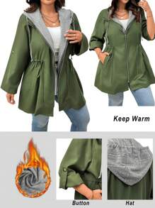 Calvaya Chaqueta informal talla grande 2 en 1 con cintura con cordón y capucha, mangas enrollables - Verde militar - Ver 1