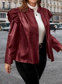 SHEIN Clasi Plus Size Women Casual Solid Color Layered Ruffle Trim Zip Up Coat, Winter - Burgundy - View 3
