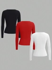 SHEIN EZwear 3pcs/Pack Women Plus Size Casual Minimalist Knit Crew Neck Long Sleeve T-Shirt Tops, Suitable For Autumn/Winter - Multicolor - View 2
