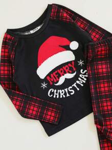 SHEIN 2 stuks Baby Boy Snug Fit Kerstmuts Grafische Ronde Hals Raglan Mouw T-shirt & Geruite Patroon Broek Casual Comfortabele Pyjama Set, Herfst/Winter