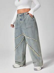 SHEIN ICON Plus Size Women Fashionable Loose Fringed Distressed Wash Denim Jeans