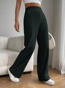 SHEIN EZwear 1 件女式纯色高腰口袋直筒宽松休闲裤 - 墨綠色 - 查看 5