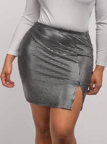 SHEIN Clasi Váy bó sát mini lấp lánh thời trang thu đông cỡ lớn - Bạc - Xem 6