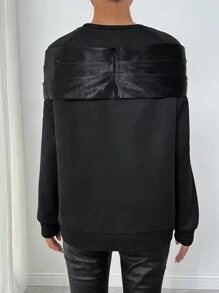 SHEIN Clasi Áo nỉ dài tay cổ tròn lót giữ nhiệt bằng satin trang trí nơ dành cho nữ, kiểu dáng thường ngày, thích hợp cho mùa thu. - màu đen - Xem 2