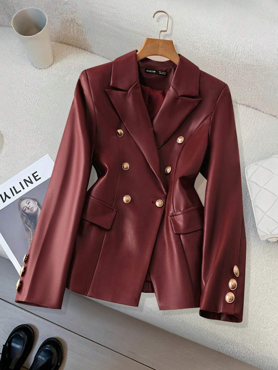 SHEIN Clasi Áo khoác Blazer nữ đơn giản, màu trơn, có túi giả, cài nút phía trước, chất liệu PU, mặc thường ngày, mùa thu/đông - Màu Đỏ Sâu - Xem 1