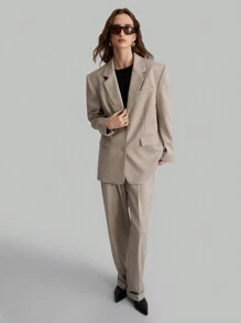 Ontre 女士休闲西装外套，商务通勤简约设计，4% 羊毛抗皱卡其色超大男友风格，秋季 - 卡其色 - 查看 6
