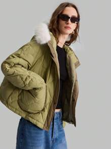 Ontre Women Olive Green Colorblock Long Sleeve Fluffy Hooded Pockets Puffer Jacket, Winter