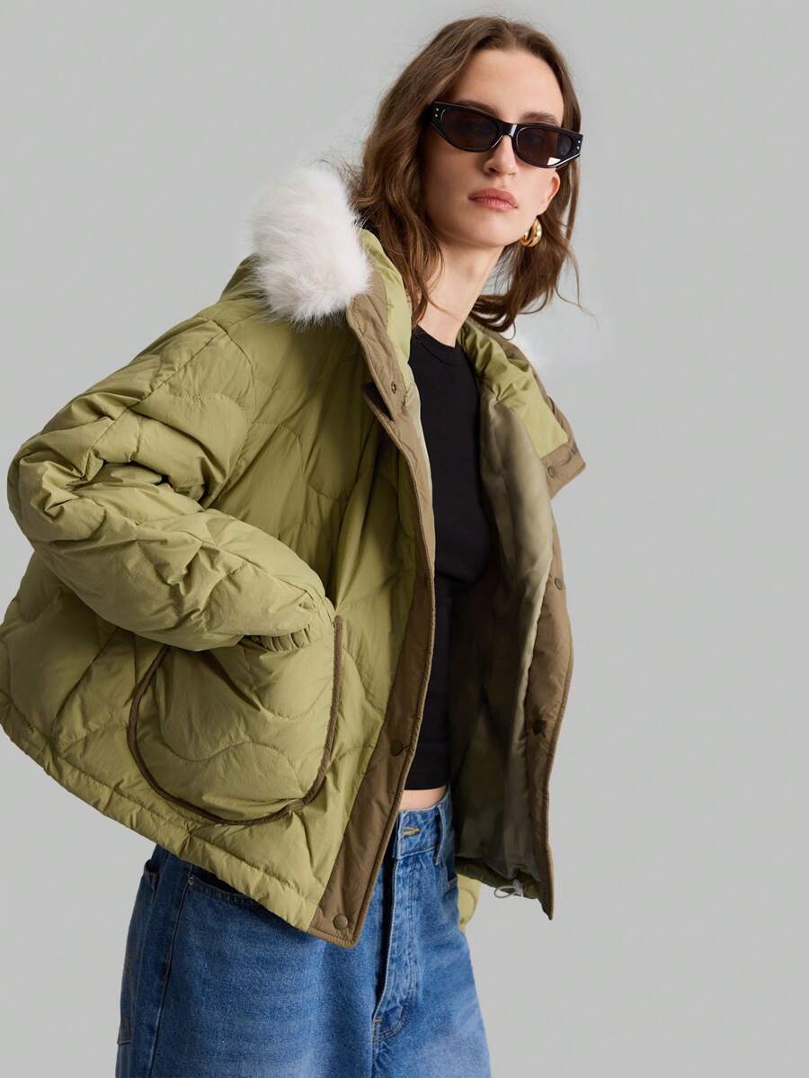 Ontre Women Olive Green Colorblock Long Sleeve Fluffy Hooded Pockets Puffer Jacket, Winter
