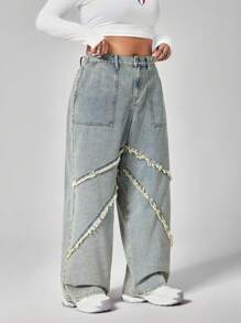 SHEIN ICON Plus Size Women Fashionable Loose Fringed Distressed Wash Denim Jeans