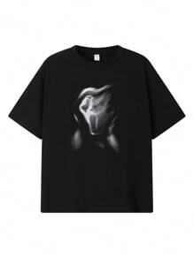 SHEIN 1pc Teen Boys' Casual Street Style Cool Printed Black Knitted Short Sleeve T-Shirt, Suitable For Summer Outings