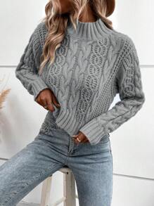 Calvaya Women Solid Stand Collar Long Sleeve Cropped Casual Pullover Sweater, Autumn/Winter