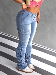 SHEIN ICON Damskie jeansy cargo z kieszeniami i rozkloszowanymi nogawkami