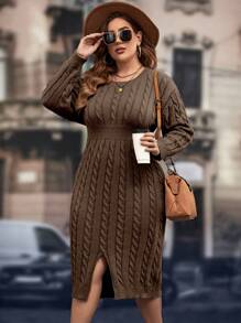 SHEIN Clasi Plus Size Solid Color Round Neck Long Sleeve Casual Pullover Sweater Dress, For Winter - Brown - View 1