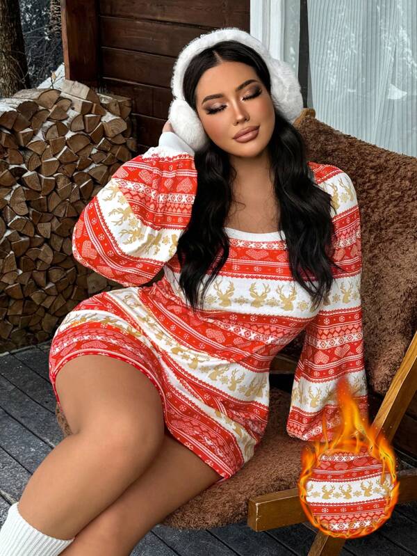 SHEIN SXY Vestido de punto ajustado con estampado de bloques de color de reno navideño y mangas farol para mujer talla grande, ropa adecuada para otoño e invierno, citas, cumpleaños, despedida de soltera, casual, lindo, compras, ropa de calle, salir