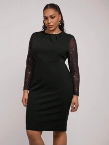 SHEIN Clasi Vestido elegante de manga larga con aplicaciones y patchwork, para tallas grandes, para otoño/invierno