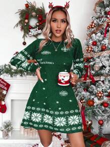 SHEIN LUNE 圣诞雪花图案腰部收腰毛衣连衣裙女士秋冬装 - 墨綠色 - 查看 3