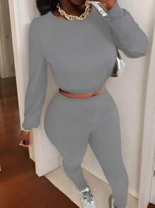 SHEIN 女士純色排針t恤和緊身褲套裝 - 灰色 - 查看 5