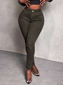 Slaydiva Modische und vielseitige Skinny Jeans mit Destroyed-Effekt für Damen - Armeegrün - Übersicht 7