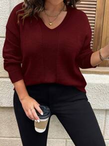 SHEIN LUNE Plus Size Women Solid Color V-Neck Drop Shoulder Long Sleeve Casual Pullover Sweater, Autumn/Winter Knit Pullover Fall - Burgundy - View 3