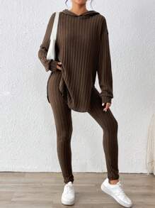 SHEIN Essnce 2 件套女式休闲简约罗纹连帽衫和紧身裤套装，秋季 - 棕色 - 查看 6