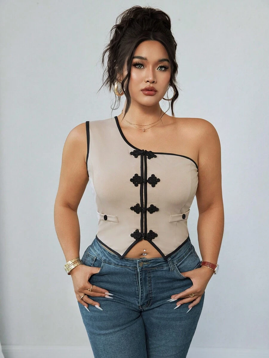 SHEIN Unity Plus Size Contrast Color Splicing Front Button Fake Pocket Casual Top, Everyday Wear - Apricot - View 1