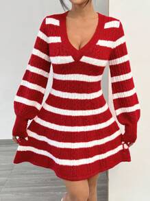 SHEIN EZwear Women Casual Daily Wear Color Block Striped Cable Knit Sweater Dress, Autumn/Winter