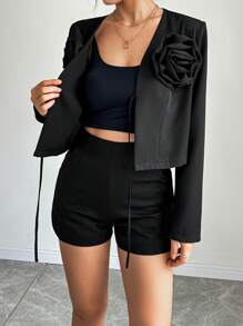 Chiquease Women Elegant Floral Embellished Twist Front Suit Jacket, Solid Color Fall Cloth For Women - Black - View 3