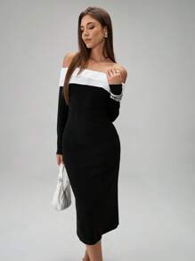 Chiquease Vestido midi/maxi de mujer con manga larga de hombros descubiertos, con volantes en el bajo y con contraste de color - Negro - Ver 4