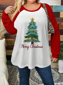 SHEIN LUNE Kaos Lengan Panjang Raglan Merah dengan Motif Angka Natal, Potongan Longgar, Kasual, Kerah Bulat, Ukuran Plus, Cocok untuk Natal Musim Gugur - MultiWarna - View 3