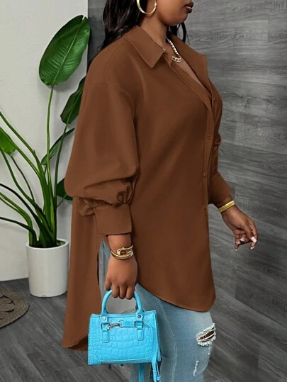 Slaydiva 1 件优雅、通勤、派对和休闲宽松纯白色灯笼袖弧形下摆大码长衬衫，适合女士，春秋季