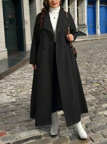 SHEIN Privé Plus Size Women Casual Solid Color Lapel Double-Breasted Mid-Length Coat, Autumn/Winter