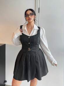 Flirla Plus Size Striped Tank Top & Pleated Skirt 2 Pieces Set - Black - View 1