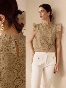 MOTF PREMIUM GUIPURE LACE SOLID FRILL MOCK NECK RUFFLE ARMHOLE TOP - Khaki - View 1