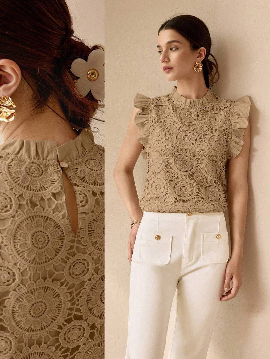 MOTF PREMIUM GUIPURE LACE SOLID FRILL MOCK NECK RUFFLE ARMHOLE TOP - Khaki - View 1