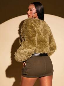 SHEIN SXY Women's Chic Olive Green Winter Fur Coat,Black Leather Patchwork Fluffy Jacket With Zipper,Club Night Vintage Party Date Soft Warm Fluffy Outerwear - Green - View 3