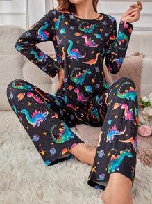 SHEIN Set Piyama Wanita Gaya INS Motif Dinosaurus Lucu di Seluruh Permukaan, Pakaian Musim Gugur dan Musim Dingin dengan Detail Nyaman dan Elegan - MultiWarna - View 3
