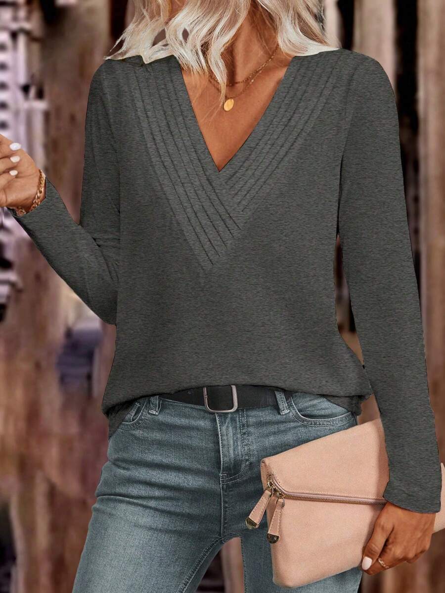 EMERY ROSE 女式 V 领褶皱休闲长袖 T 恤，秋季 - 深灰色 - 查看 1