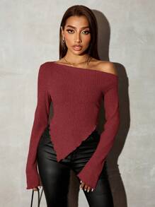 SHEIN SXY Camiseta de punto estriado con cuello asimétrico tipo grunge, Top para salir de otoño para mujeres - Burdeos - Ver 4