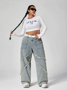 SHEIN ICON Plus Size Women Fashionable Loose Fringed Distressed Wash Denim Jeans