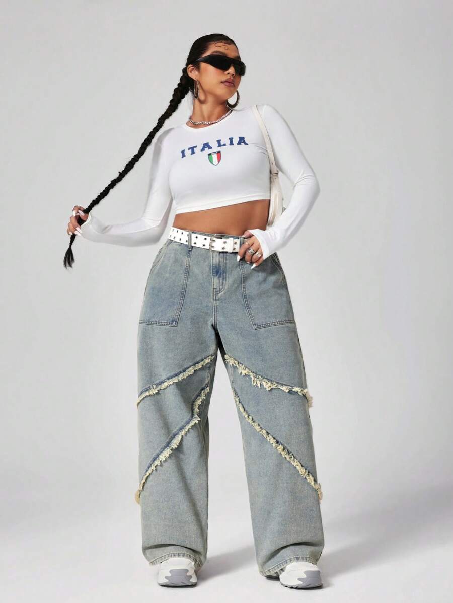 SHEIN ICON Plus Size Women Fashionable Loose Fringed Distressed Wash Denim Jeans