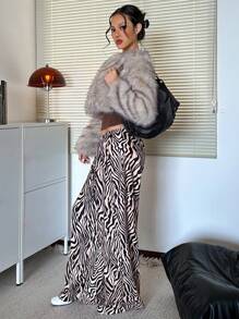 Aloruh Women Zebra Print Elastic Waist Front Tie Decoration Loose Wide Leg Pants - Black - View 9