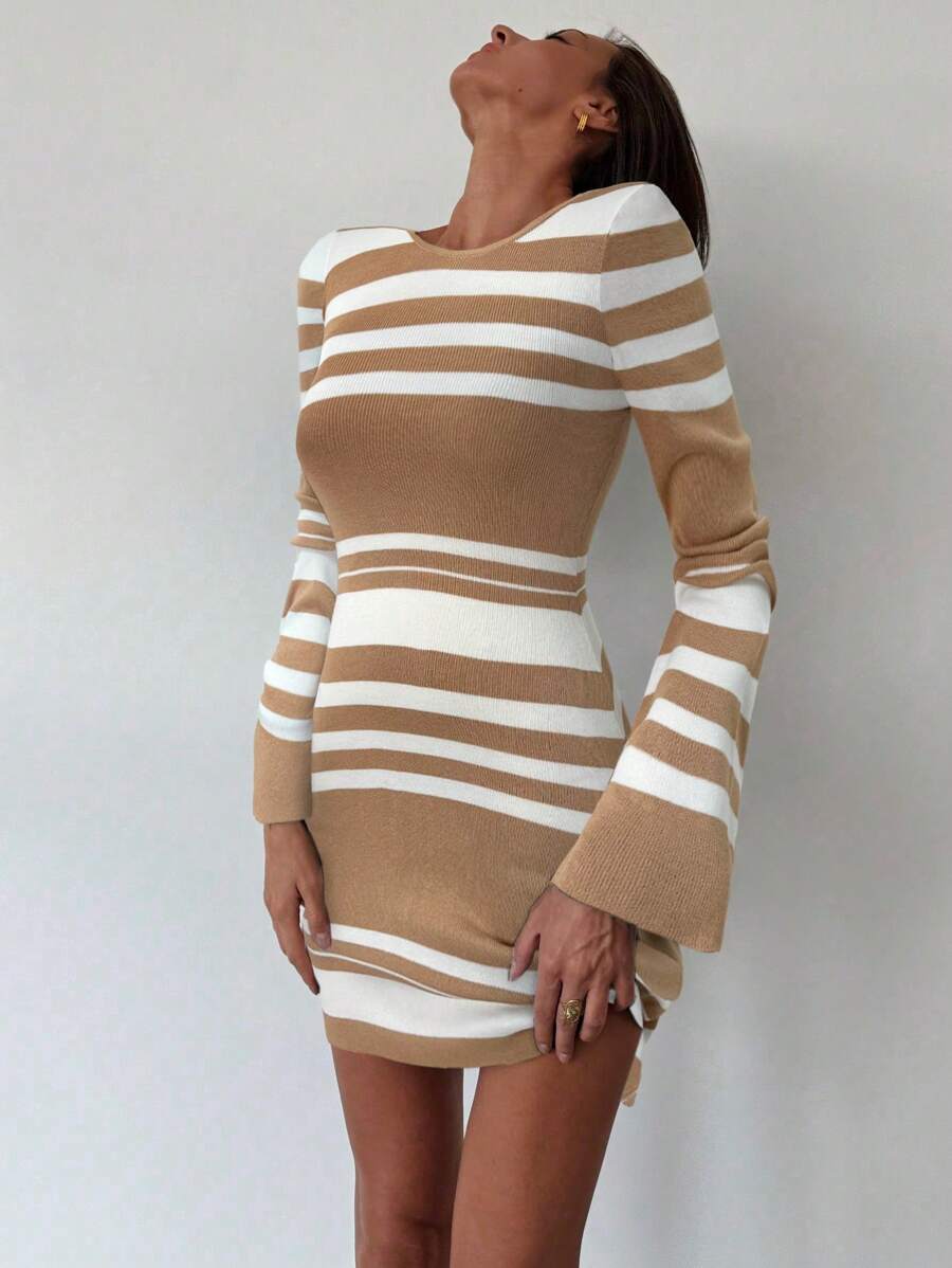 Aloruh Modern Casual Bodycon Mini Backless Lace Up Bell Sleeve Asymmetrical Striped Women Sweater Dress - Multicolor - View 1