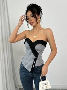 TrendSteals Women's Retro French Chic Versatile Fashion Crop Top Asymmetrical Color Block Design Suitable For New Year Party, Valentine's Day - Black - View 5