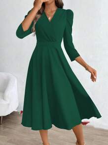 SHEIN Clasi Vestido midi de línea A con cintura marcada de unicolor elegante para mujer, otoño - Verde - Ver 5