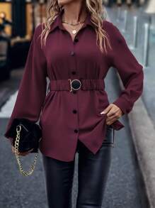 SHEIN LUNE Solid Color Button Front With Belt Long Sleeve Elegant Shirt Fall Cloth For Women - Red Violet - View 5
