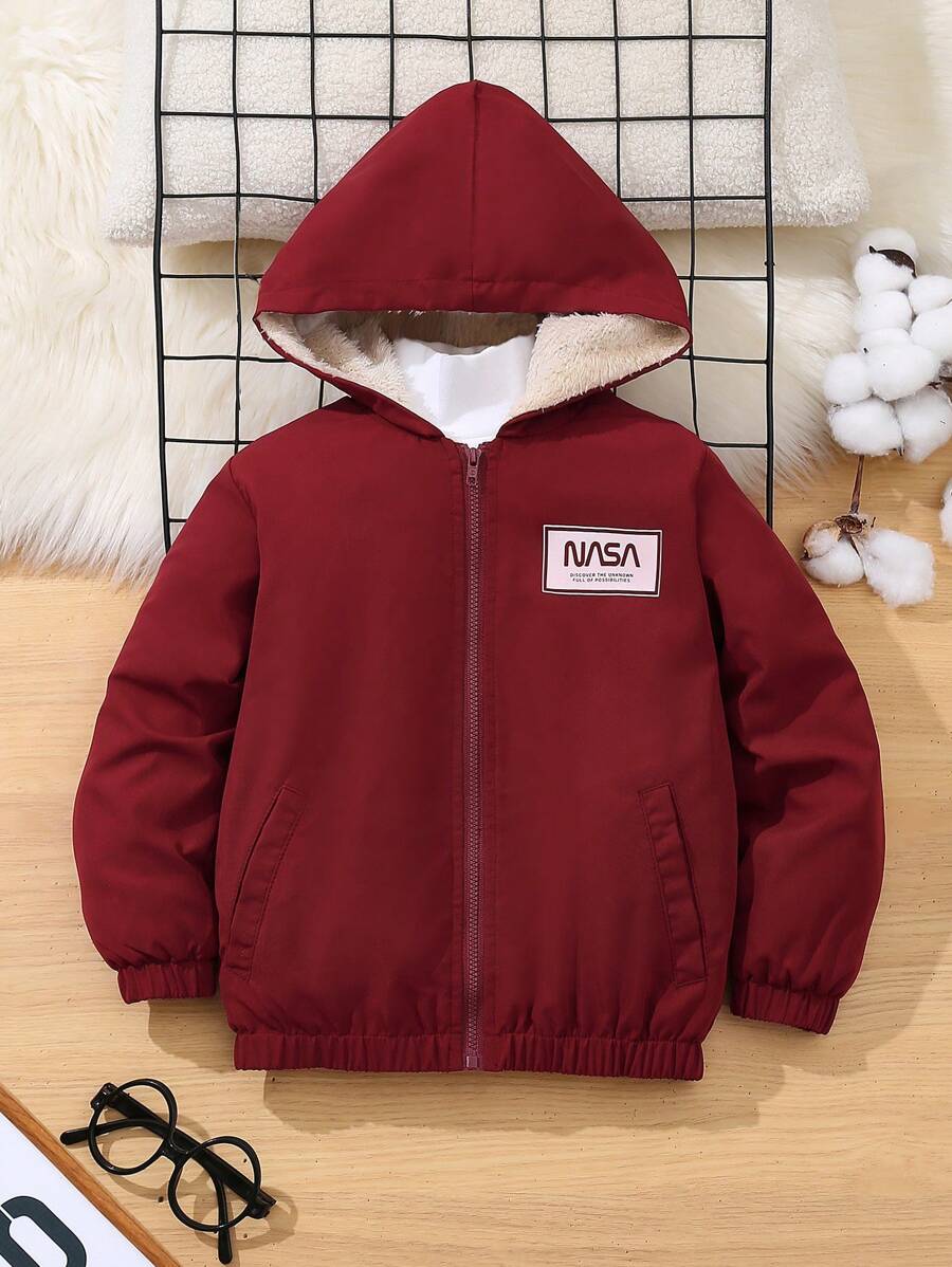SHEIN Young Boy Letter Print Thermal Lined Hoodie Jacket, Casual For Autumn/Winter - Red - View 1