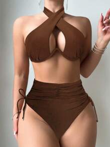 SHEIN Swim Women's Solid Color Halter Neck Bikini Set With Underwire Summer - Brown - View 7