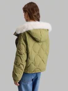 Ontre Women Olive Green Colorblock Long Sleeve Fluffy Hooded Pockets Puffer Jacket, Winter