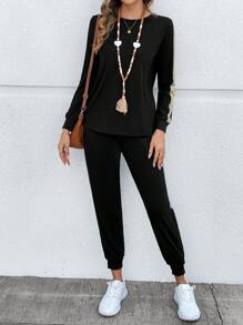 EMERY ROSE Two Pieces Fall Outfits ,Knit Sparkly Patchwork Crew Neck Long Sleeve Sweatshirt & Jogger Pants Casual Set